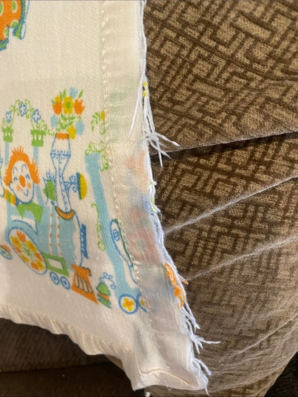 Vintage Clown Print baby’s blanket  in White, Orange & Green & blue